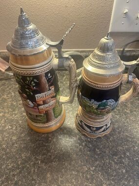 Hand-Painted Ceramic German Beer Steins with Pewter Lids - Two-Piece Set